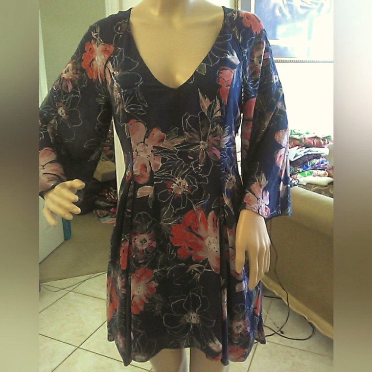 Free People Navy & Coral/ Brown Floral Dress W/ Slouchy Pockets Sz. 4
